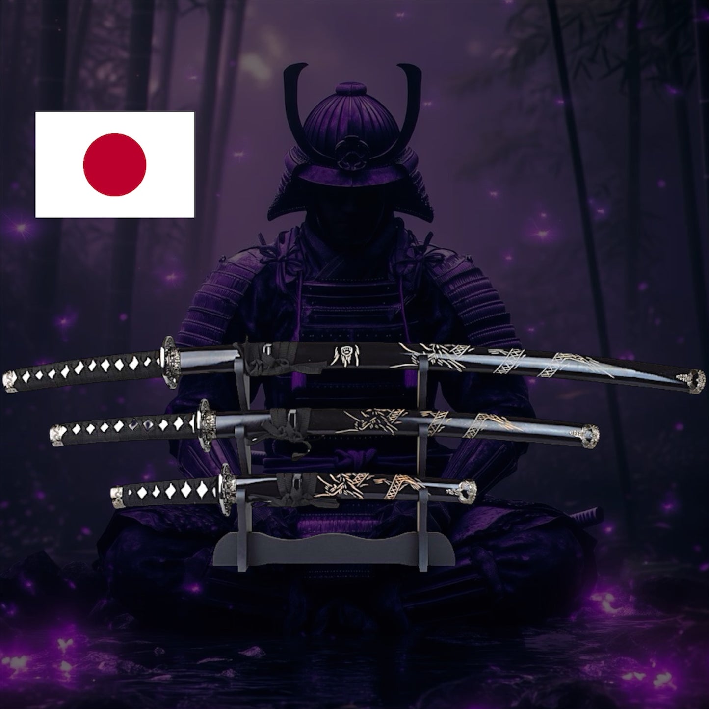 Drei-Klingen-Katana-Set – Drachen Gravur & Schwarzes Finish