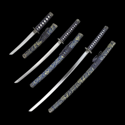 Drei-Klingen-Katana-Set – Traditionelles Drachen Design & Blaues Finish