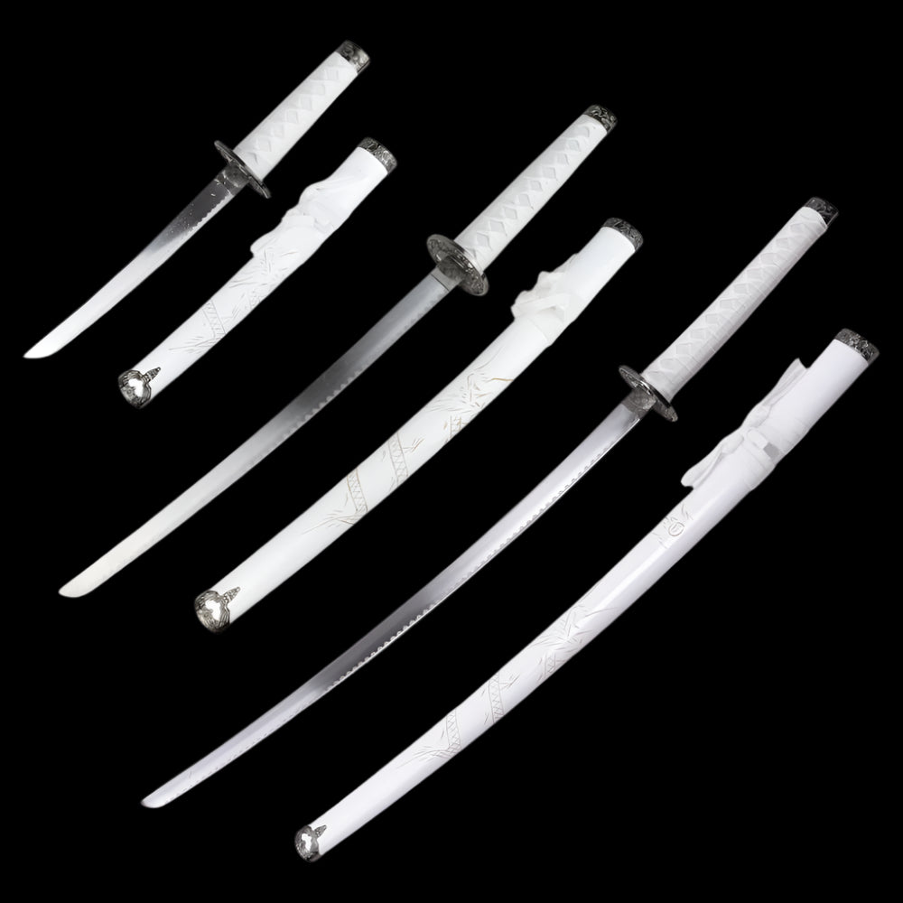 Drei-Klingen-Katana-Set – Drachen Gravur & Weißes Finish