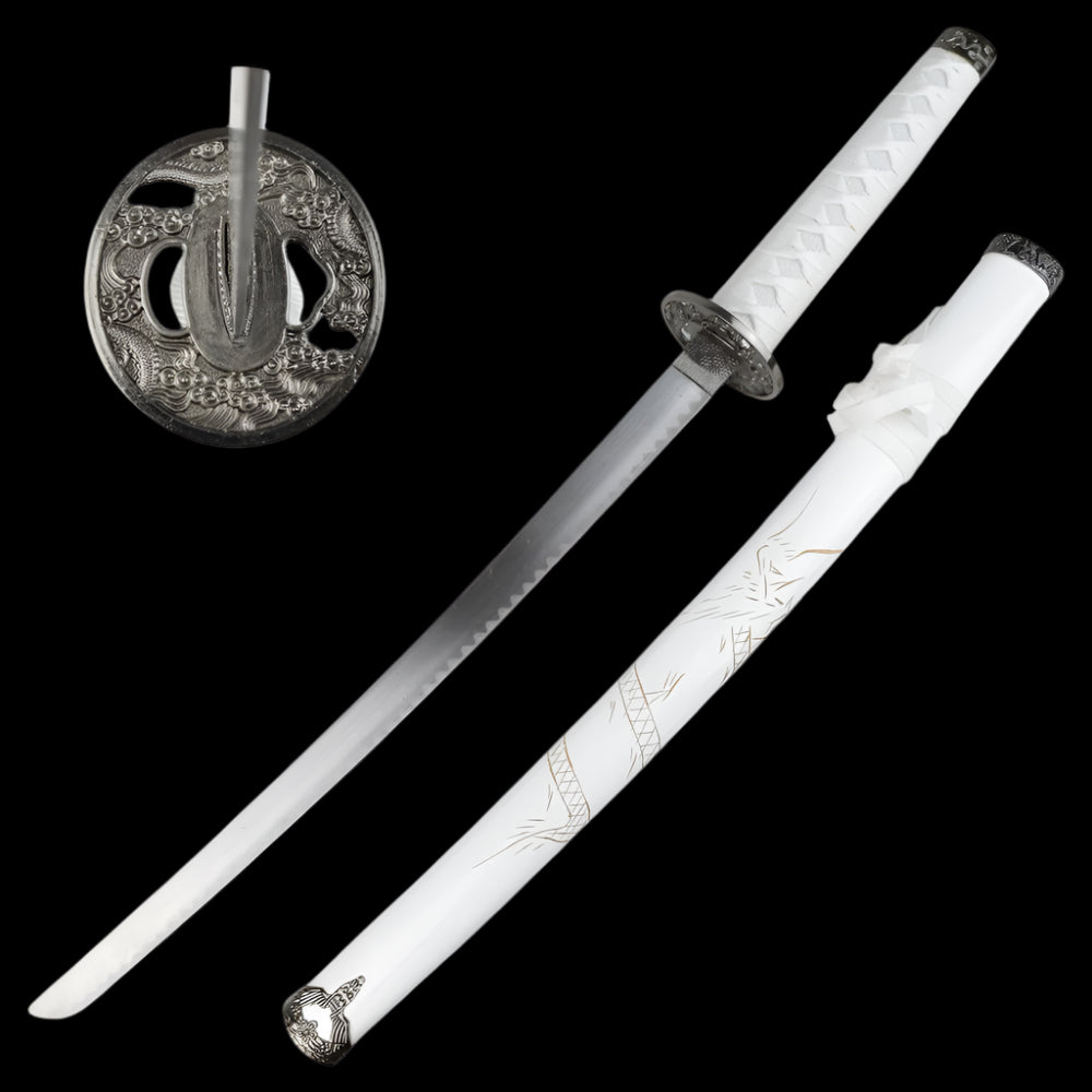 Drei-Klingen-Katana-Set – Drachen Gravur & Weißes Finish
