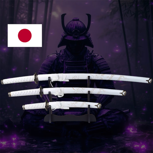 Drei-Klingen-Katana-Set – Drachen Gravur & Weißes Finish