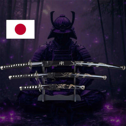 Drei-Klingen-Katana-Set – Drachen Gravur & Schwarzes Finish