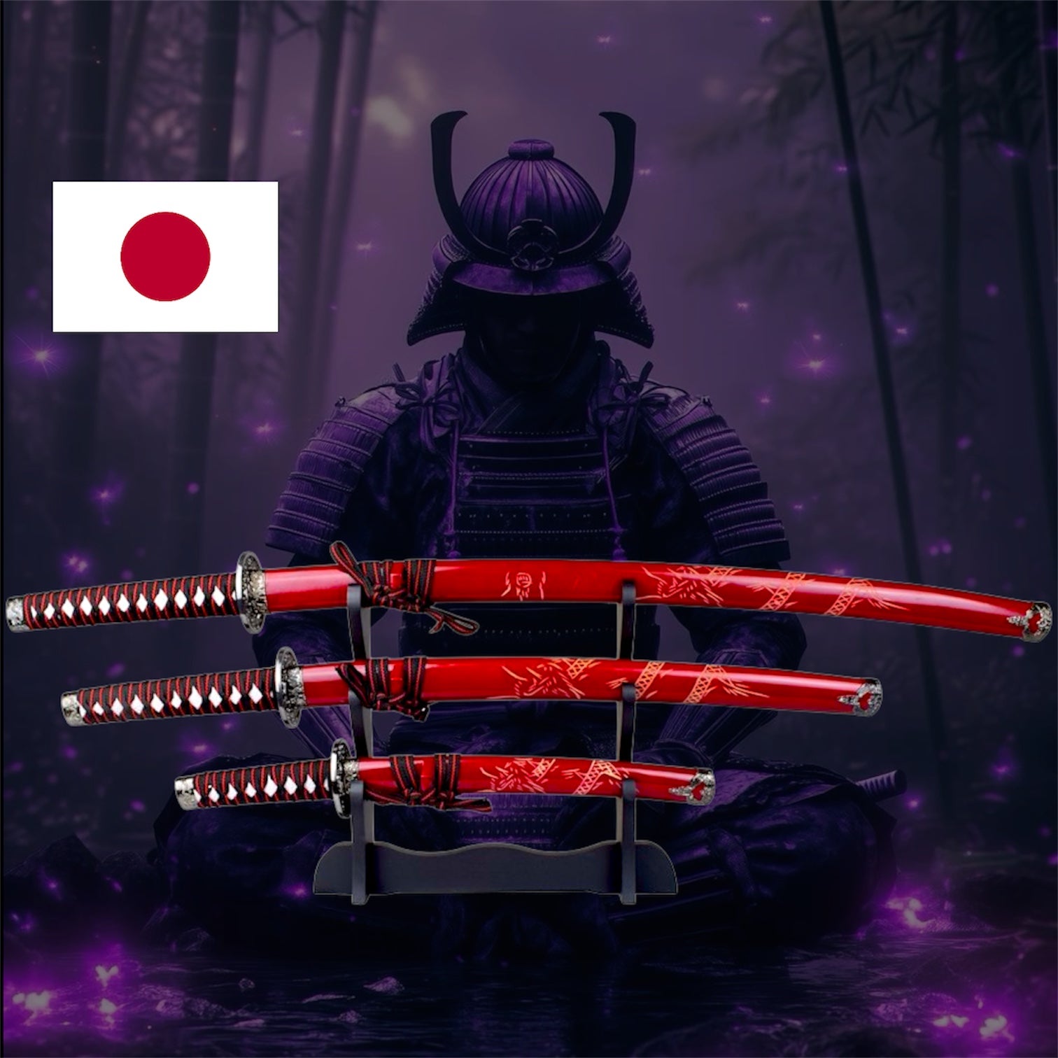 Drei-Klingen-Katana-Set – Drachen Gravur & Rotes Finish – Blade of