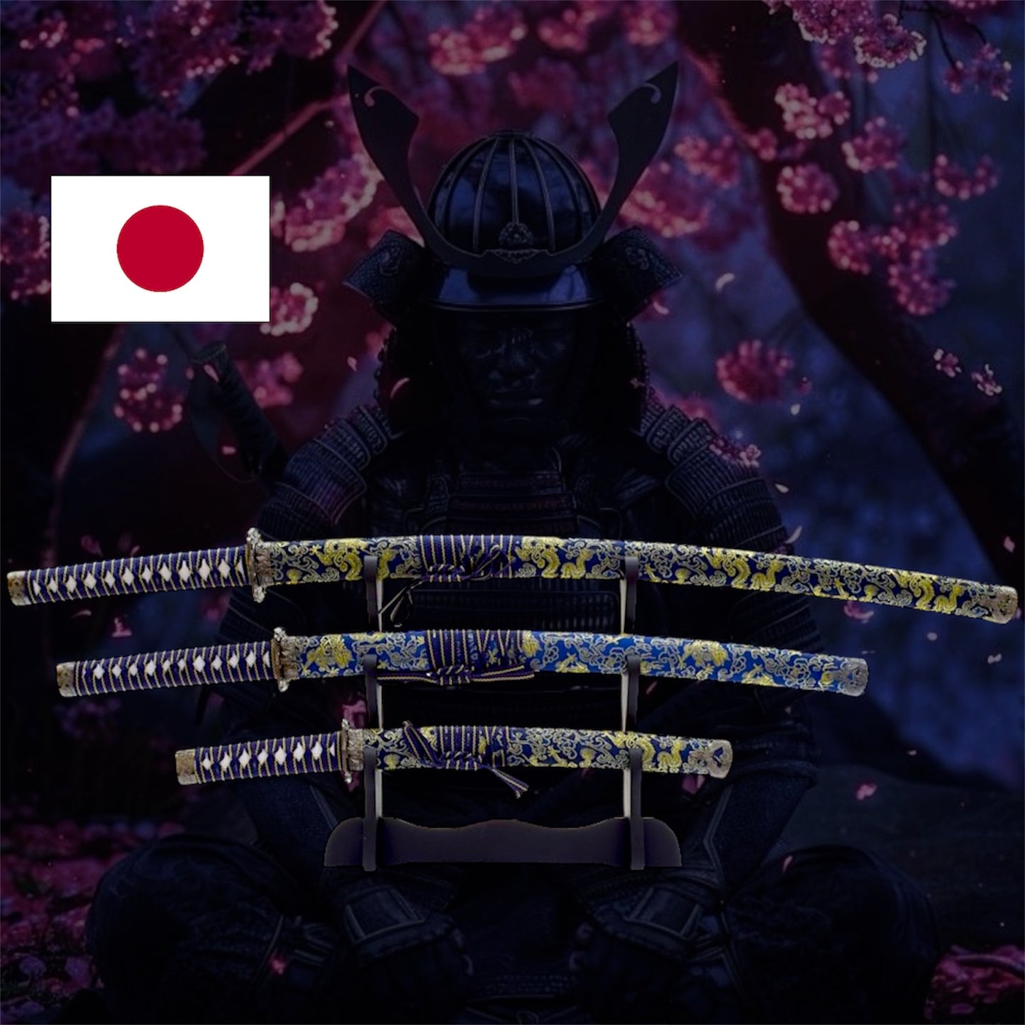 Drei-Klingen-Katana-Set – Traditionelles Drachen Design & Blaues Finish